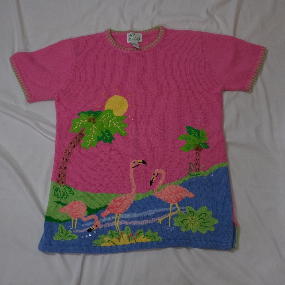 Quacker Factory Pink Flamingos  Woman's Embroidered Sweater Size MEDIUM